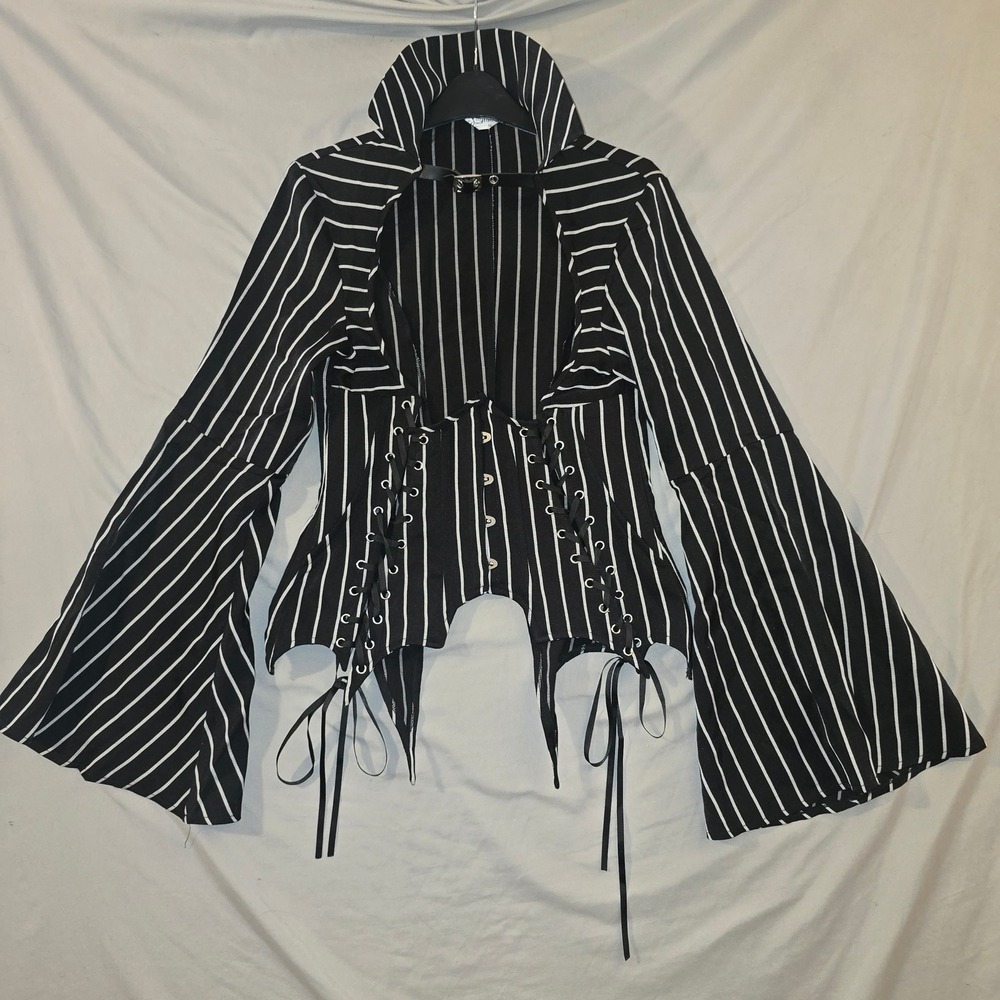 Meow Stripe Corset Top Medium Women Black White Bell Sleeve Goth Jack Skeleton